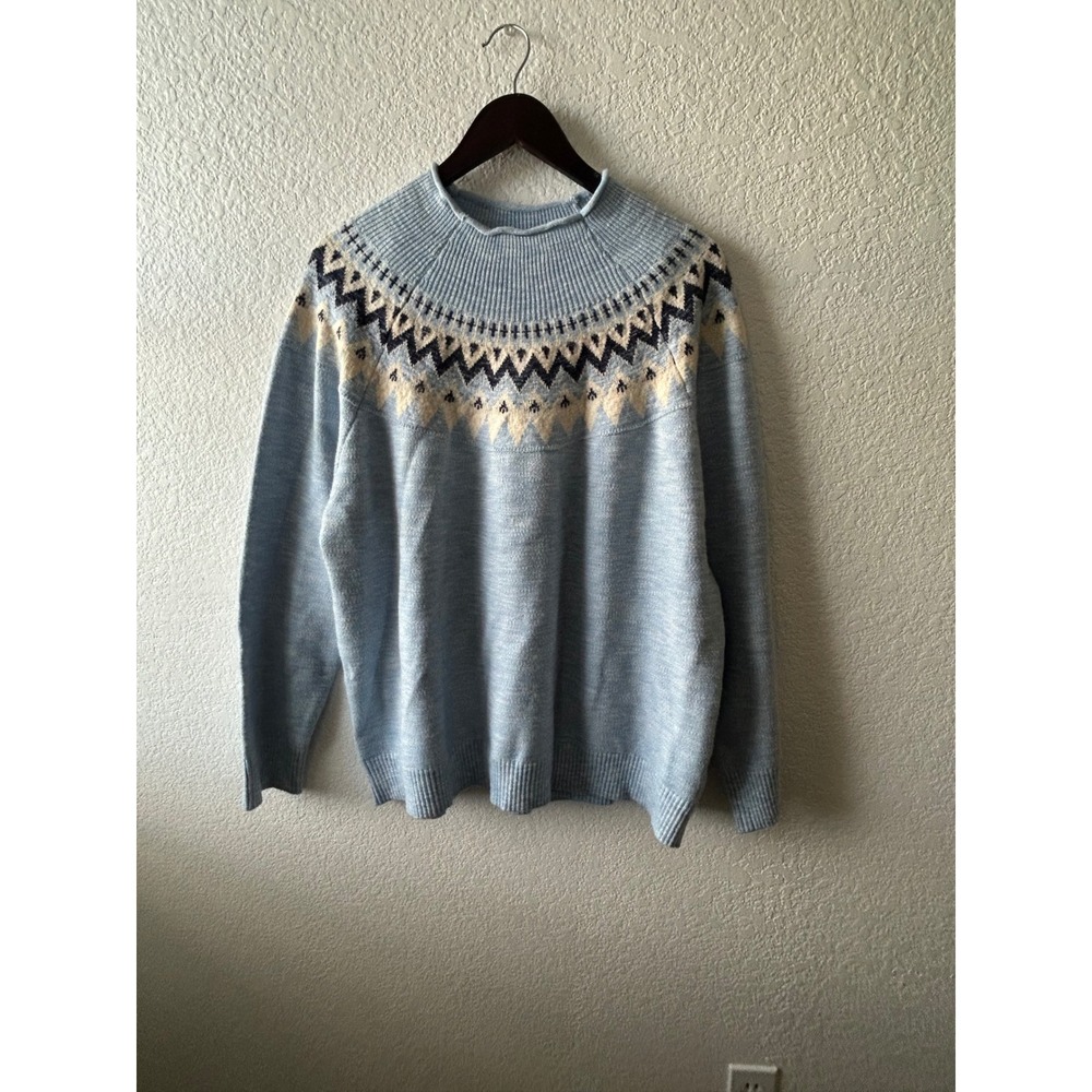 FDJ Marled Fair Isle Mock Neck Sweater Light Blue Women's XXL Cozycore Preppy